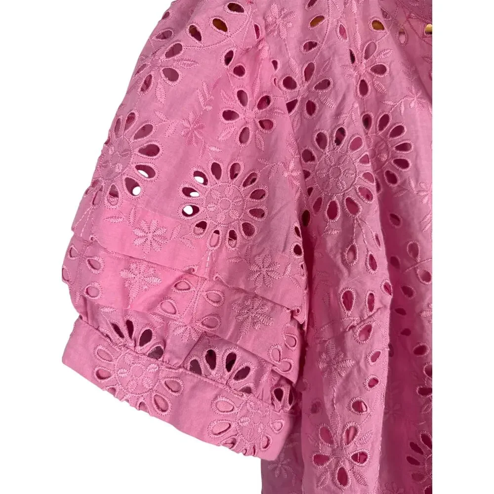 J. Crew Puff-Sleeve Popover Top in Pink Eyelet Size Large